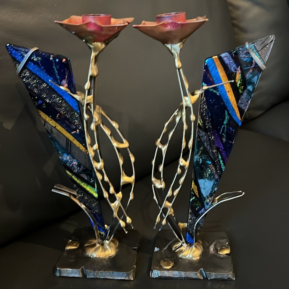 Gary Rosenthal Metal and Fused Glass Multicolor Candlesticks